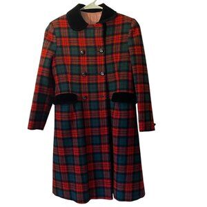 Vintage Peggy N Sue Red Plaid Wool Blend Double Breasted Coat Black Velvet Girl
